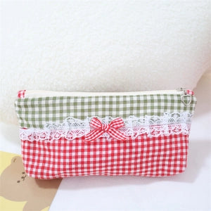 Gingham Lace Trim Pencil Case Green & Red