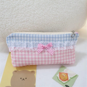 Gingham Lace Trim Pencil Case Pink & Blue
