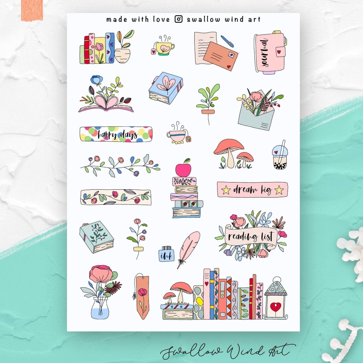 Flowers & Books Bullet Sticker Sheet - Paper Mochi